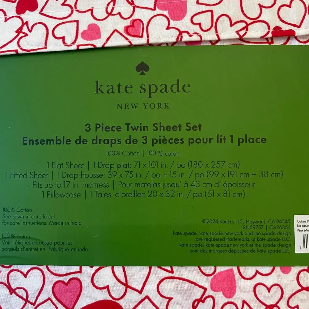 KATE SPADE Valentine's Day Pink Red Outline Hearts TWIN Cotton Sheet Set New